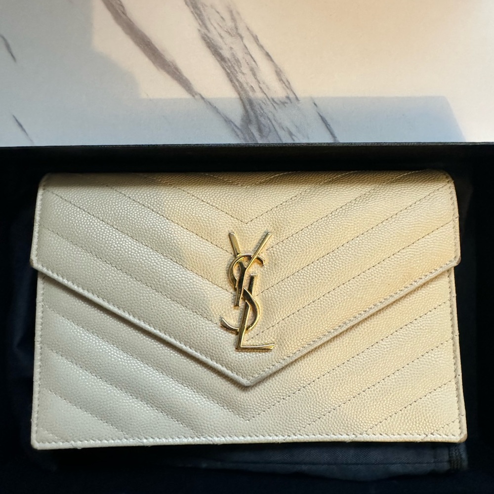Yves Saint Laurent Cassandre Envelope Chain Wallet in Dark Beige